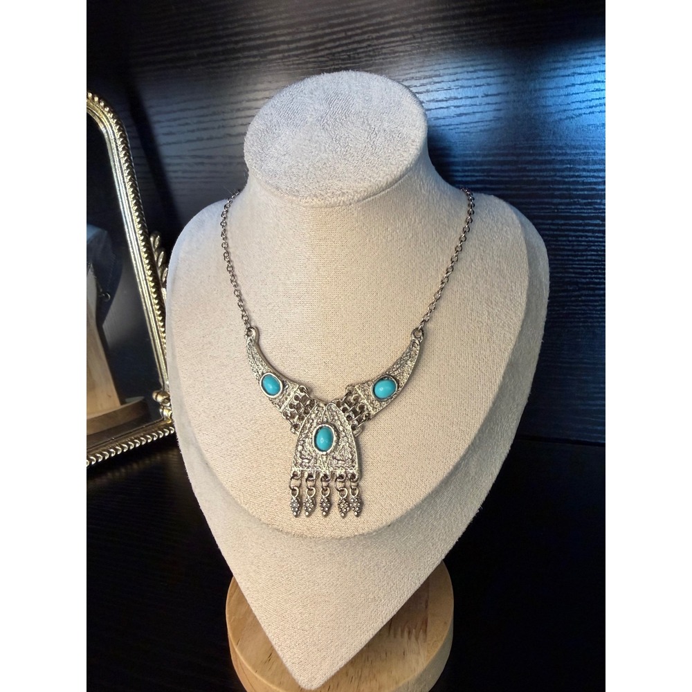 Jen Turquoise Cabochon Silver Tone Bib Statement Necklace Boho Artisan